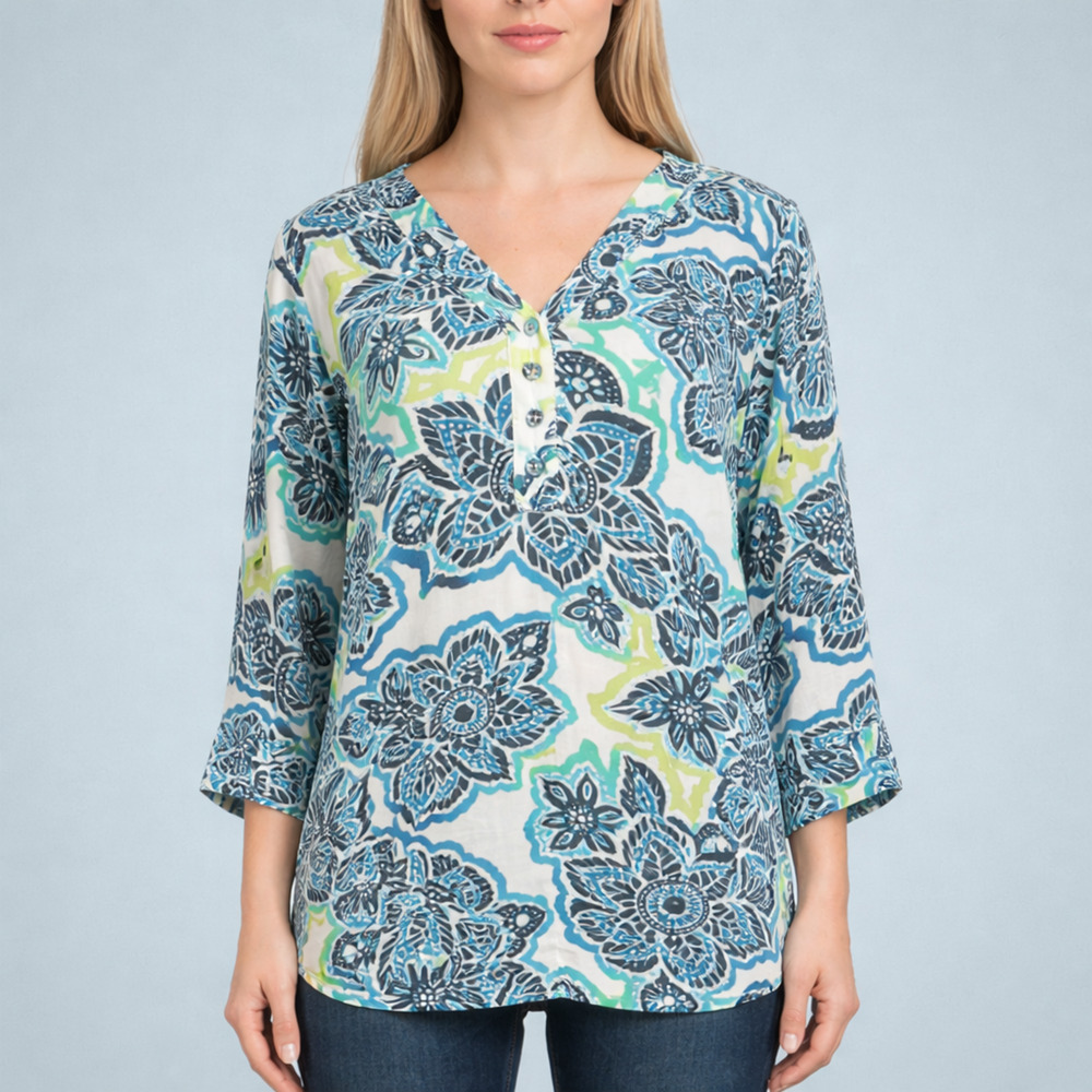 Hot Cotton Size XL Blue Floral Print Button Detail V Neck 3/4 Sleeve Linen Top